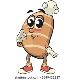 cute salted butter roll mascot cartoon vector illustration chef gives delicious sign, bakery bread character with happy face and red shoes isolated on transparant backnground, work of hand drawn