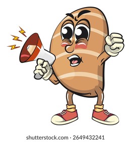 cute salted butter roll mascot cartoon vector illustration out loud with loudspeaker, bakery bread character with happy face and red shoes isolated on transparant backnground, work of hand drawn