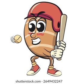 cute salted butter roll mascot cartoon vector illustration wear a helmet playing baseball, bakery bread character with happy face and red shoes isolated on transparant backnground, work of hand drawn