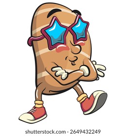 cute salted butter roll mascot cartoon vector illustration wearing stars shaped beach sung, bakery bread character with happy face and red shoes isolated on transparant backnground, work of hand drawn