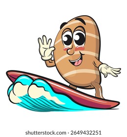 cute salted butter roll mascot cartoon vector illustration surfing riding the waves, bakery bread character with happy face and red shoes isolated on transparant backnground, work of hand drawn