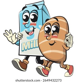 cute salted butter roll mascot cartoon vector illustration walking with a milk box, bakery bread character with happy face and red shoes isolated on transparant backnground, work of hand drawn