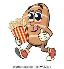 cute salted butter roll mascot cartoon vector illustration brought a box of french fries, bakery bread character with happy face and red shoes isolated on transparant backnground, work of hand drawn