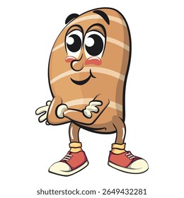 cute salted butter roll mascot cartoon vector illustration folding his arms calmly, bakery bread character with happy face and red shoes isolated on transparant backnground, work of hand drawn