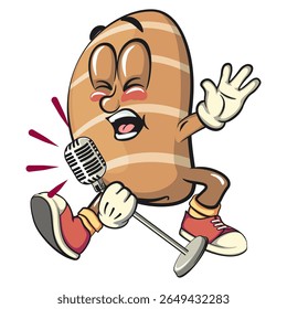 cute salted butter roll mascot cartoon vector illustration singing with great emotion, bakery bread character with happy face and red shoes isolated on transparant backnground, work of hand drawn