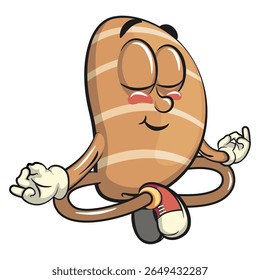 cute salted butter roll mascot cartoon vector illustration meditating, bakery bread character with happy face and red shoes isolated on transparant backnground, work of hand drawn