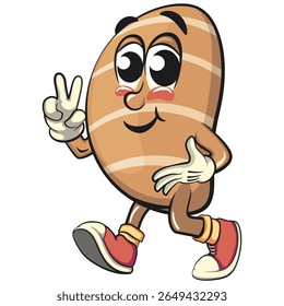cute salted butter roll mascot cartoon vector illustration walking with peace sign, bakery bread character with happy face and red shoes isolated on transparant backnground, work of hand drawn