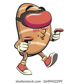 cute salted butter roll mascot cartoon vector illustration entering virtual reality with technology, bakery bread character with happy face isolated on transparant backnground, work of hand drawn
