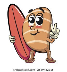 cute salted butter roll mascot cartoon vector illustration with surfboard and gave a peace, bakery bread character with happy face and red shoes isolated on transparant backnground, work of hand drawn