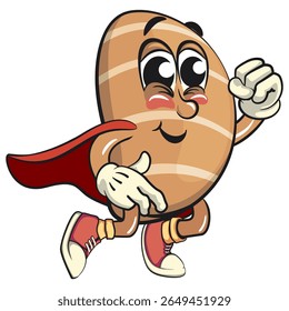 cute salted butter roll mascot cartoon vector illustration as flying superhero wearing a robe, bakery bread character with happy face isolated on transparant backnground, work of hand drawn
