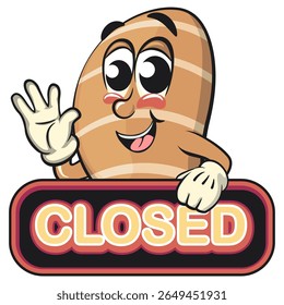 cute salted butter roll mascot cartoon vector illustration showing a sign that says closed, bakery bread character with happy face and red shoes isolated on transparant backnground, work of hand drawn