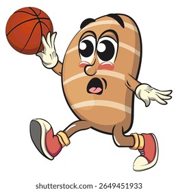 cute salted butter roll mascot cartoon vector illustration jump and fly shooting the basketball, bakery bread character with happy face isolated on transparant backnground, work of hand drawn