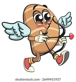 bonitinho salgado manteiga rolo mascote desenho animado vetor cupido com asas de anjo e a seta do amor, padaria personagem de pão com rosto feliz isolado no fundo transparente, trabalho de mão desenhada