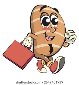cute salted butter roll mascot cartoon vector illustration with a suitcase rushing to the office, bakery bread character with happy face isolated on transparant backnground, work of hand drawn