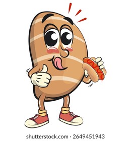 cute salted butter roll mascot cartoon vector illustration carrying a hotdog while giving , bakery bread character with happy face and red shoes isolated on transparant backnground, work of hand drawn