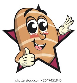 cute salted butter roll mascot cartoon vector illustration out from of a star by giving a thumbs up sign, bakery bread character with happy face isolated on transparant backnground, work of hand drawn
