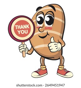cute salted butter roll mascot cartoon vector illustration say thank you, bakery bread character with happy face and red shoes isolated on transparant backnground, work of hand drawn