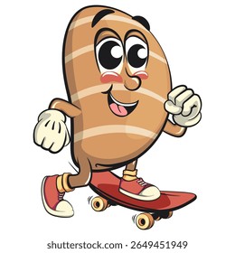 cute salted butter roll mascot cartoon vector illustration playing skateboard, bakery bread character with happy face and red shoes isolated on transparant backnground, work of hand drawn