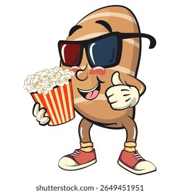 cute salted butter roll mascot cartoon vector illustration with a bucket of popcorn with wearing 3d glasses, bakery bread character isolated on transparant backnground, work of hand drawn