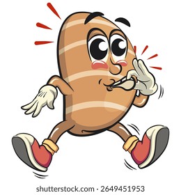 cute salted butter roll mascot cartoon vector illustration blowing the whistle, bakery bread character with happy face and red shoes isolated on transparant backnground, work of hand drawn