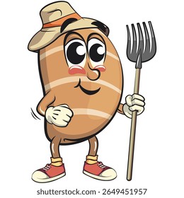 cute salted butter roll mascot cartoon vector illustration as farmer with his fork, bakery bread character with happy face and red shoes isolated on transparant backnground, work of hand drawn