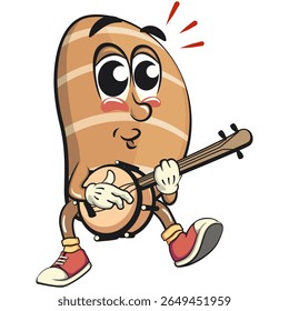 cute salted butter roll mascot cartoon vector illustration playing the banjo musical instrumen, bakery bread character with happy face isolated on transparant backnground, work of hand drawn