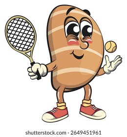 cute salted butter roll mascot cartoon vector illustration playing tennis, bakery bread character with happy face and red shoes isolated on transparant backnground, work of hand drawn