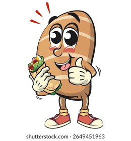 cute salted butter roll mascot cartoon vector illustration have a burritos while giving thumbs up, bakery bread character with happy face isolated on transparant backnground, work of hand drawn