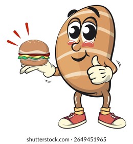 cute salted butter roll mascot cartoon vector illustration carrying a burger while giving a thumbs up, bakery bread character with happy face isolated on transparant backnground, work of hand drawn