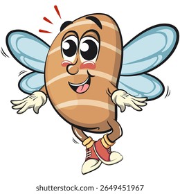 cute salted butter roll mascot cartoon vector illustration have wings and fly like a bee, bakery bread character with happy face and red shoes isolated on transparant backnground, work of hand drawn