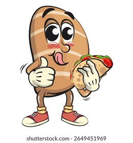 cute salted butter roll mascot cartoon vector illustration carrying a taco while giving a thumbs up, bakery bread character with happy face isolated on transparant backnground, work of hand drawn