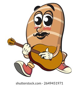cute salted butter roll mascot cartoon vector illustration with moustache playing guitar, bakery bread character with happy face and red shoes isolated on transparant backnground, work of hand drawn