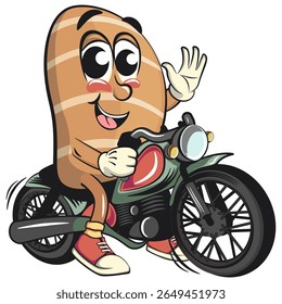 cute salted butter roll mascot cartoon vector illustration riding a big motorcycle, bakery bread character with happy face and red shoes isolated on transparant backnground, work of hand drawn