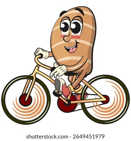cute salted butter roll mascot cartoon vector illustration enjoy riding a bike, bakery bread character with happy face and red shoes isolated on transparant backnground, work of hand drawn