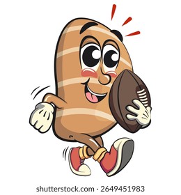 cute salted butter roll mascot cartoon vector illustration playing rugby or american football, bakery bread character with happy face isolated on transparant backnground, work of hand drawn