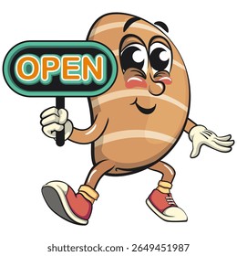 cute salted butter roll mascot cartoon vector illustration showing a sign that says open, bakery bread character with happy face and red shoes isolated on transparant backnground, work of hand drawn