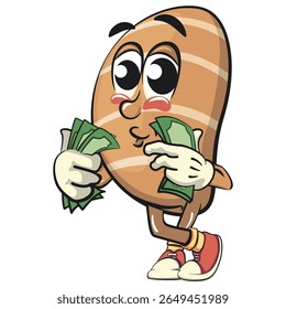 cute salted butter roll mascot cartoon vector illustration carrying money, bakery bread character with happy face and red shoes isolated on transparant backnground, work of hand drawn
