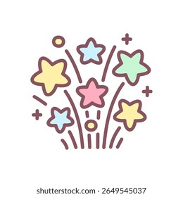 Ícone de saudação bonito. Ilustração desenhada à mão de fogos de artifício de estrelas coloridas isoladas em um fundo branco. Adesivo Kawaii. Vetor 10 EPS.