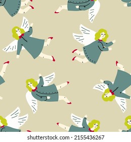 Cute samless pattern with angels on grey background. Cute minimalistic vintage angels girls. Grey delicate background with angels for wallpaper, textile, design paper, pajamas, kid's bedding and ect.