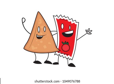 Cute Samosa Character and Ketchup  Character. Vector Illustration. Isolated on white background. 