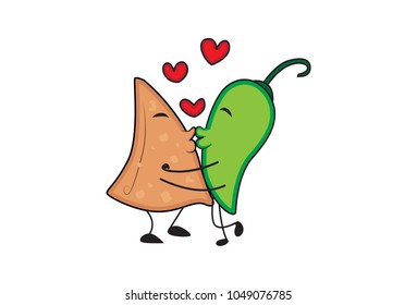 Cute Samosa Character kissing the Green Chili Character. Vector Illustration. Isolated on white background. 