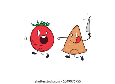 Cute Samosa Character with knife in hand and running after a tomato. Vector Illustration. Isolated on white background. 