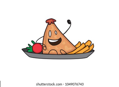 Cute Samosa Character lying in  a plate. Vector Illustration. Isolated on white background. 