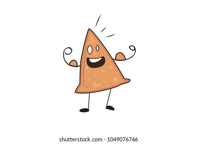 Cute Samosa Character showing Muscles. Vector Illustration. Isolated on white background. 