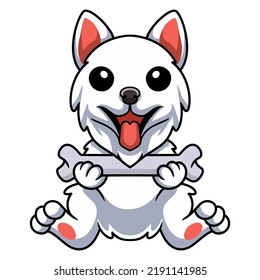Cute samoyed dog cartoon holding a bone