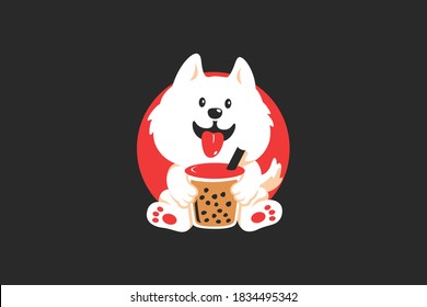 Cute Samoyed Dog Holding A Cup of Bubble Tea 