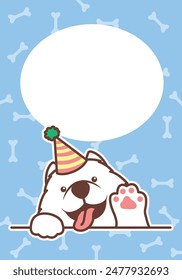 Cute samoyed dog with party hat waving paw cartoon greeting card, vector illustration