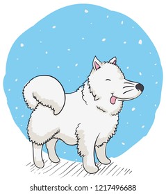 Cute Samoyed dog under a soft blizzard with cute expression: really enjoy the cold weather and the snow.