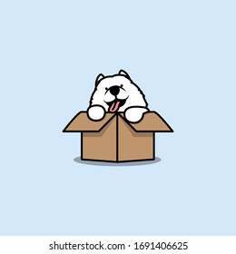 Cute samoyed puppy in the box cartoon icon, vector illustration