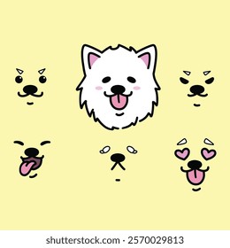 Cute Samoyed white dog puppy with various facial expressions. Hand-drawn cartoon vector